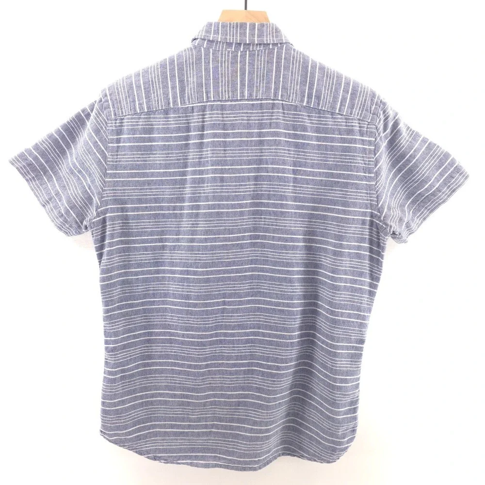 Banana Republic Mens Shirt S Blue White Striped Linen Cotton Short Sleeve Button